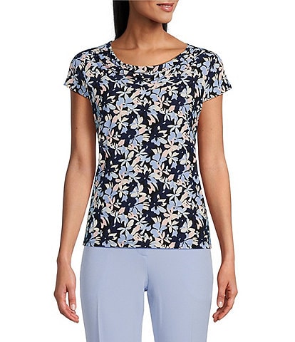 Kasper Floral Print Cowl Neck Cap Sleeve Top