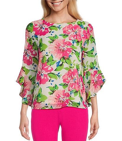 Kasper Floral Print Crew Neckline Ruffle 3/4 Sleeve Blouse