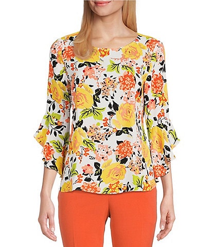 Kasper Floral Printed 3/4 Ruffle Sleeve Round Neck Blouse