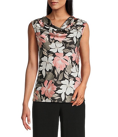 Kasper Floral Satin Drape Neck Sleeveless Top