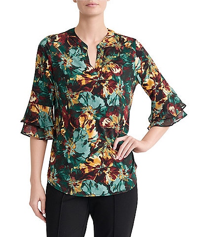 Kasper Flutter Sleeve Split Neck Printed Blouse