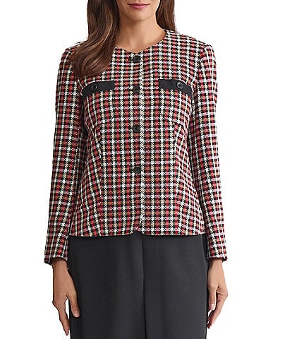 Kasper Four Button Plaid Twill Crepe Blazer Jacket