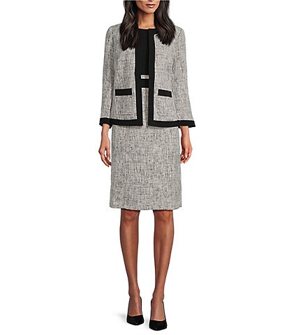 Kasper Framed Tweed Long Sleeve Open-Front Framed Jacket & Stretch Crepe Crew Neck Sleeveless Sheath Dress