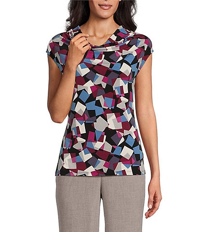 Kasper Geometric Print Cowl Neck Cap Sleeve Fitted Knit Top