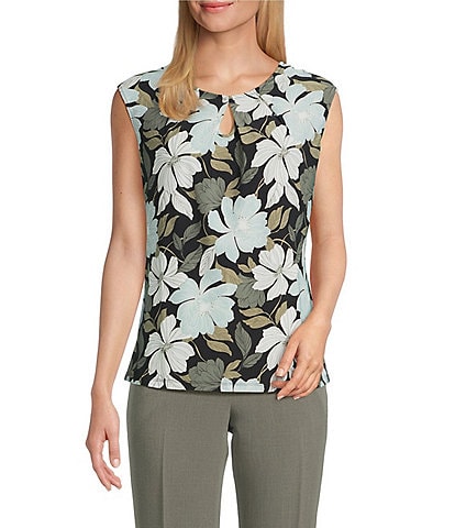 Kasper Key Petite Size Floral Keyhole Neck Cap Sleeve Top