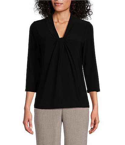 Kasper Knot Front V-Neck 3/4 Sleeve Blouse