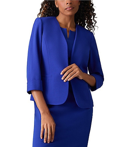 Kasper Long Cuffed Sleeve Collarless Neck Stretch Crepe Cardigan