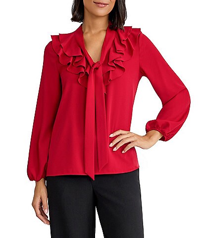 Kasper Long Sleeve Ruffle Neck Blouse