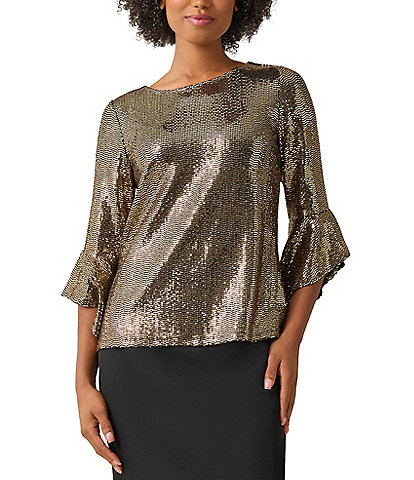 Kasper Metallic Shine Dot Crew Neck 3/4 Ruffle Sleeve Blouse