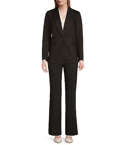 Kasper Notch Collar Long Sleeve Welt Pocket Blazer & Pointe Knit Wide Waist Flared Pull-On Trouser Pant Suit