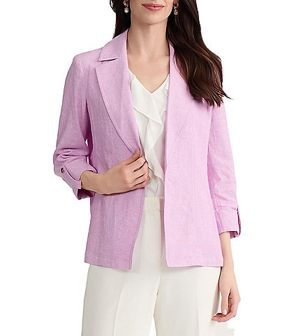 Kasper Open Notch Collar 3/4 Sleeve Cross Dye Linen Jacket