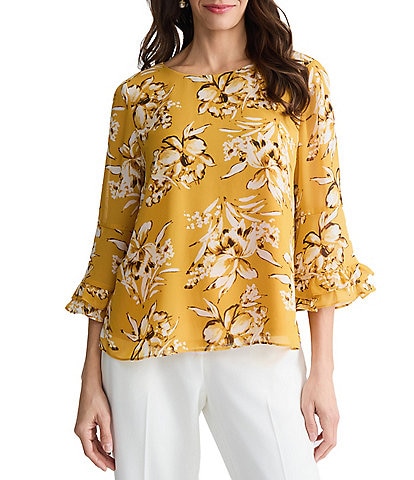 Kasper Petite Ruffle Sleeve Printed Blouse