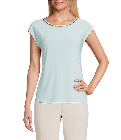 Kasper Petite Size Beaded Round Neck Cap Sleeve Top