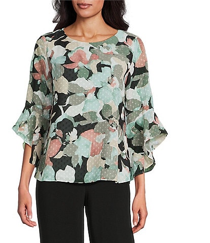 Kasper Petite Size Boat Neck 3/4 Ruffle Sleeve Clip Dot Chiffon Blouse