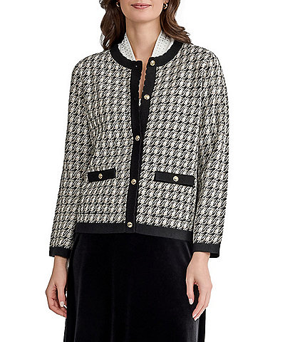 Kasper Petite Size Button Front Long Sleeve Lurex Jacquard Cardigan