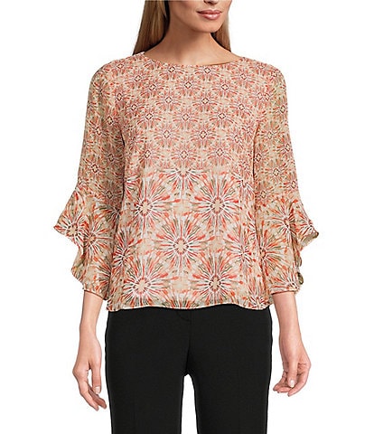 Kasper Petite Size Chiffon Boat Neck Ruffle 3/4 Sleeve Blouse