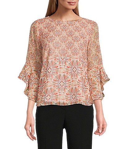 Kasper Petite Size Chiffon Boat Neck Ruffle 3/4 Sleeve Blouse