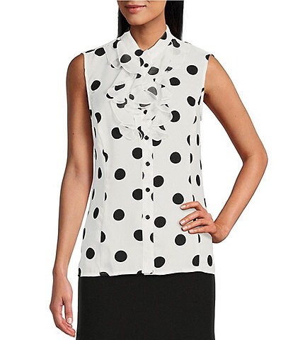 Kasper Petite Size Dotted Print Woven Ruffled Mock Neck Sleeveless Button Front Top