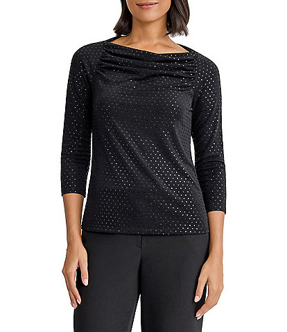 Kasper Petite Size Drape Neck 3/4 Sleeve Heatset Rhinestone Knit Top