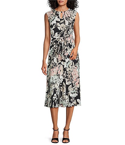 Kasper Petite Size Floral Keyhole Neck Cap Sleeve Midi Dress
