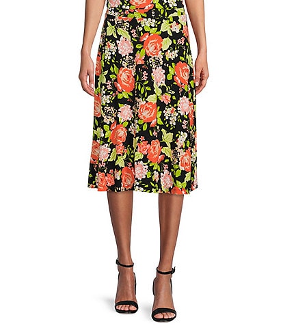 Kasper Petite Size Floral Print Elastic Waist A-Line Flutter Hem Coordinating Midi Skirt