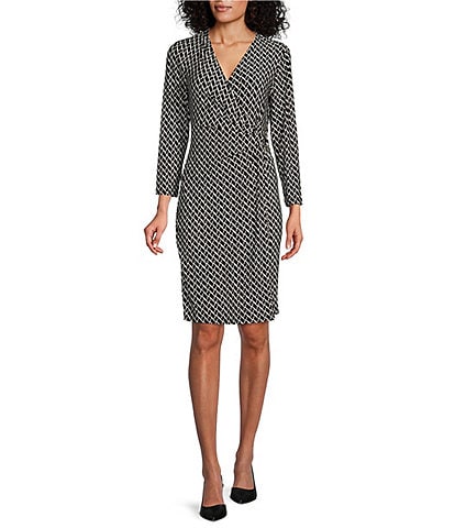 Kasper Petite Size Geometric Print V-Neck 3/4 Sleeve Side Ruched Faux Wrap Dress