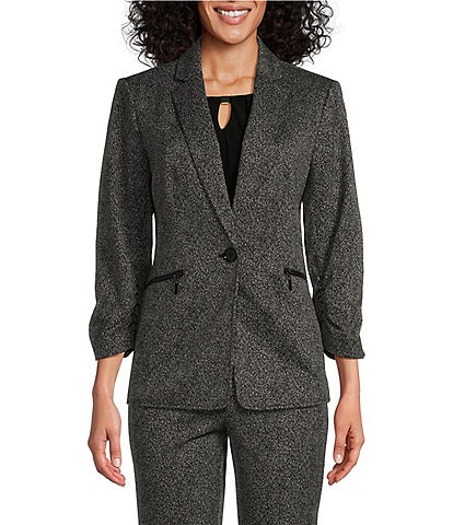 Kasper Petite Size Herringbone Zip Pocket Notch Lapel Long Sleeve One-Button Blazer