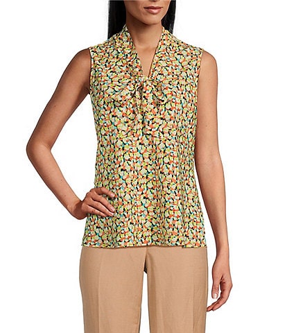 Kasper Petite Size Printed CDC Tie Neck Sleeveless Fitted Blouse