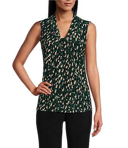 Kasper Petite Size Printed Front Knot V-Neck Sleeveless Blouse