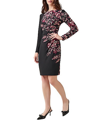 Kasper Petite Size Printed Side Pleat Long Sleeve Sheath Dress