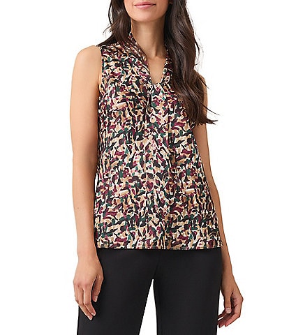 Kasper Petite Size Printed Tie-Front V-Neck Sleeveless Blouse