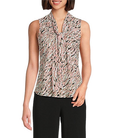 Kasper Petite Size Printed Tie Neck Sleeveless Blouse