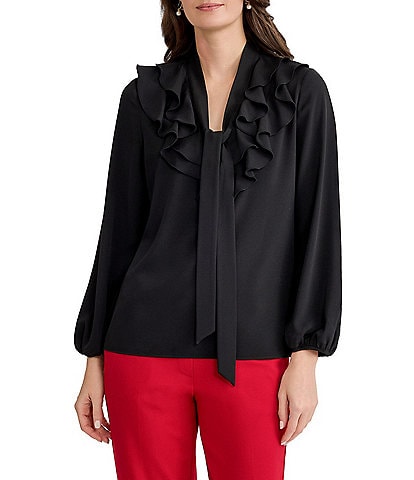 Kasper Petite Size Ruffle Front Long Sleeve Georgette Blouse