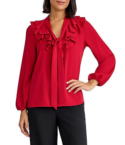 Kasper Petite Size Ruffle Front Long Sleeve Georgette Blouse