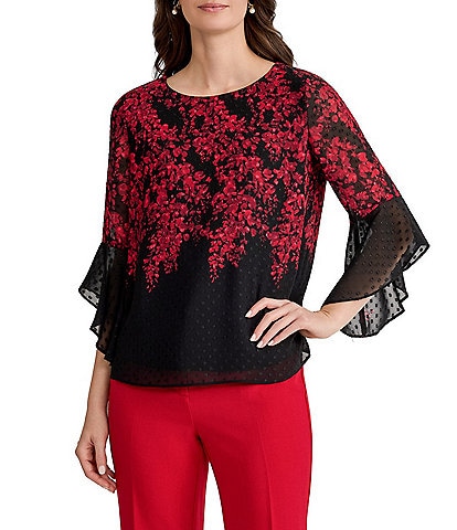 Kasper Petite Size Ruffle Sleeve Floral Print Clip Dot Chiffon Blouse