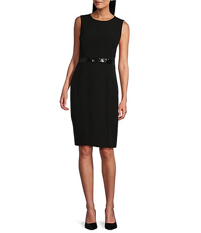 Kasper Petite Size Sequin Trim Sheath Crew Neck Sleeveless Dress