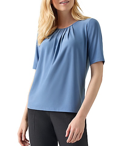 Kasper Petite Size Solid Knit Short Sleeve Pleat Neck Top