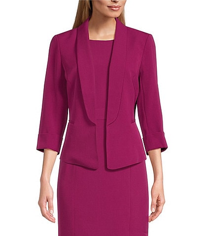 Kasper Petite Size Solid Stretch Crepe Shawl Lapel Collar Long Sleeve Fitted Open Front Blazer