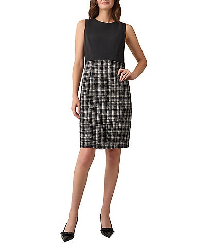 Kasper Petite Size Tweed Combo Mixed Media Crew Neck Sleeveless Sheath Dress