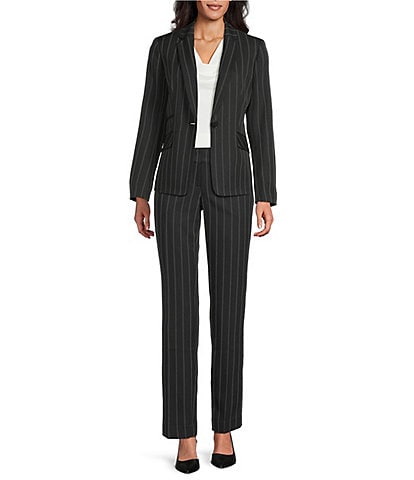 Kasper Pinstripe Notch Collar Long Sleeves Besom Pocket Button Front Jacket & Pinstripe Mid Rise Straight Leg Pants