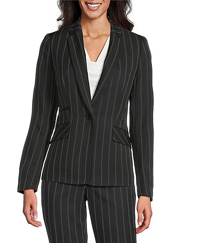 Kasper Pinstripe Notch Collar Long Sleeves Besom Pocket Button Front Jacket
