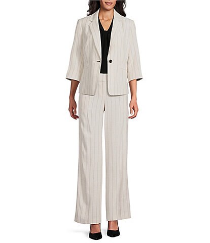 Kasper Pinstripe Notch Collar One-Button Jacket & Pinstripe Fly Front Wide Leg Pants
