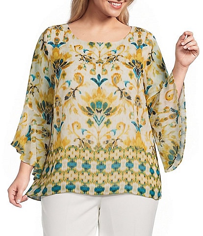 Kasper Plus Ruffle Sleeve Printed Blouse