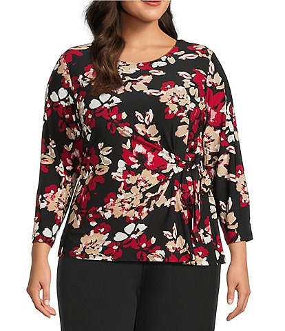 Kasper Plus Size Floral Print 3/4 Sleeve Tie Front Blouse