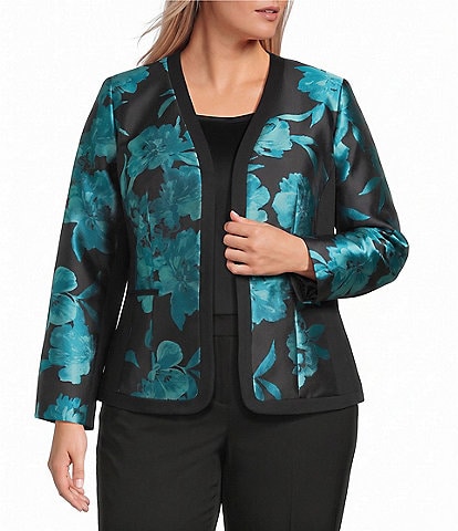 Kasper Plus Long Sleeve Floral Jacquard Open Front Jacket