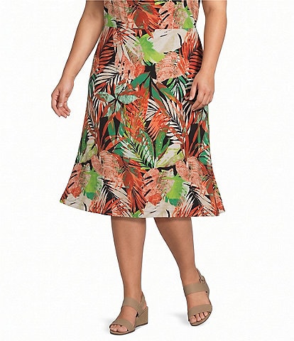 Kasper Plus Printed Jersey Knit Pull On Midi Skirt