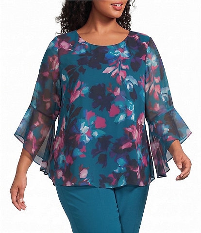 Kasper Plus Ruffle Sleeve Printed Chiffon Blouse