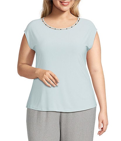 Kasper Plus Size Beaded Round Neck Cap Sleeve Top