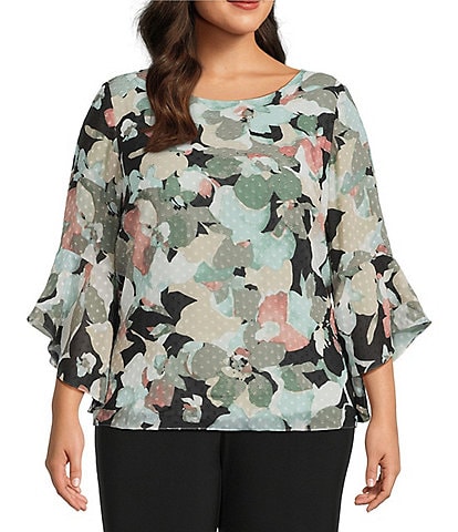 Kasper Plus Size Boat Neck 3/4 Ruffle Sleeve Clip Dot Chiffon Blouse
