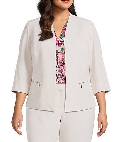 Kasper Plus Size Crepe 3/4 Sleeve Zip Pocket Cardigan